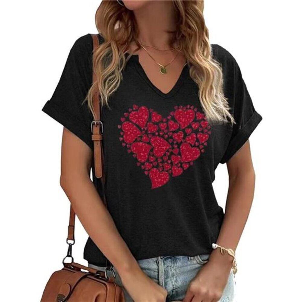 Women's Lover Heart Graphic V Neck Shirt Valentines Funny Couple - Picture 3 of 7
